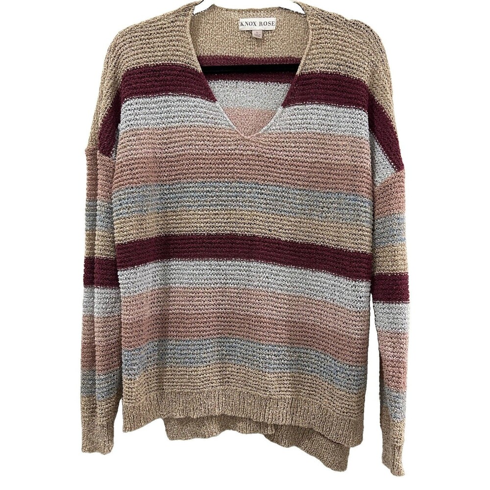 Knox Rose Womens Sz L Stripe Sweater Pullover V Neck Boho Multi Color